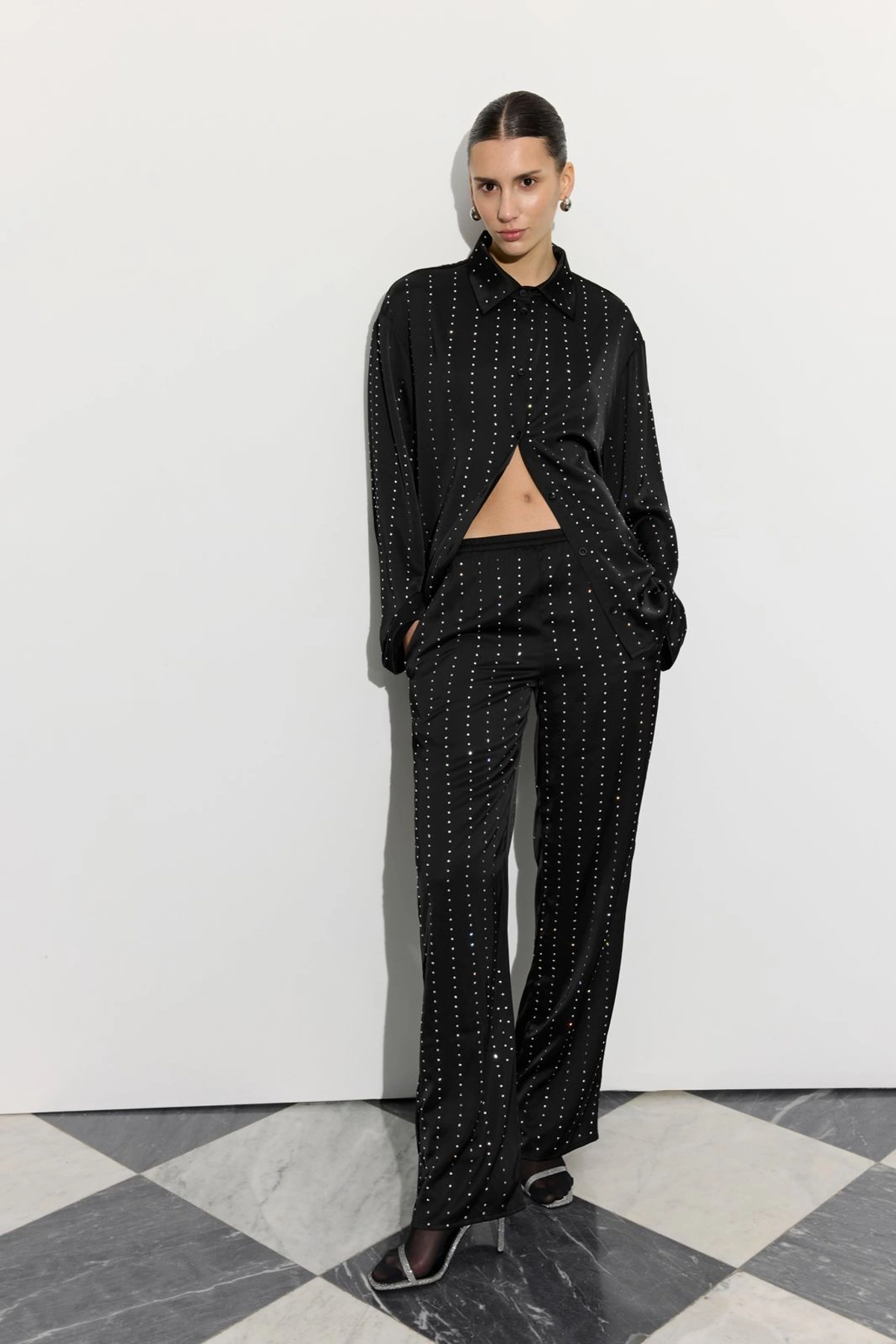 Pajama-Style Pants with Rhinestones