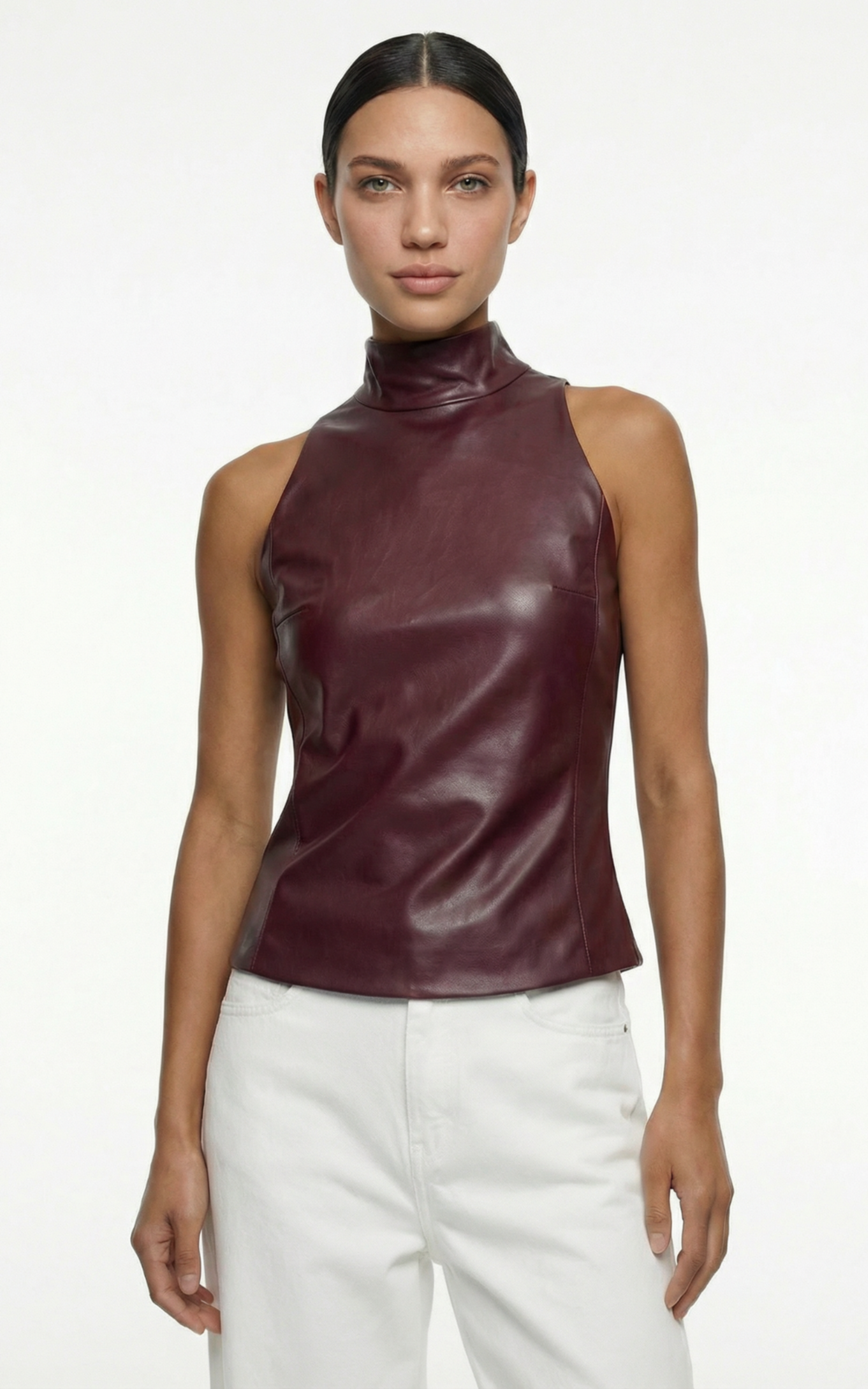 Faux Leather Top with Stand-up Collar