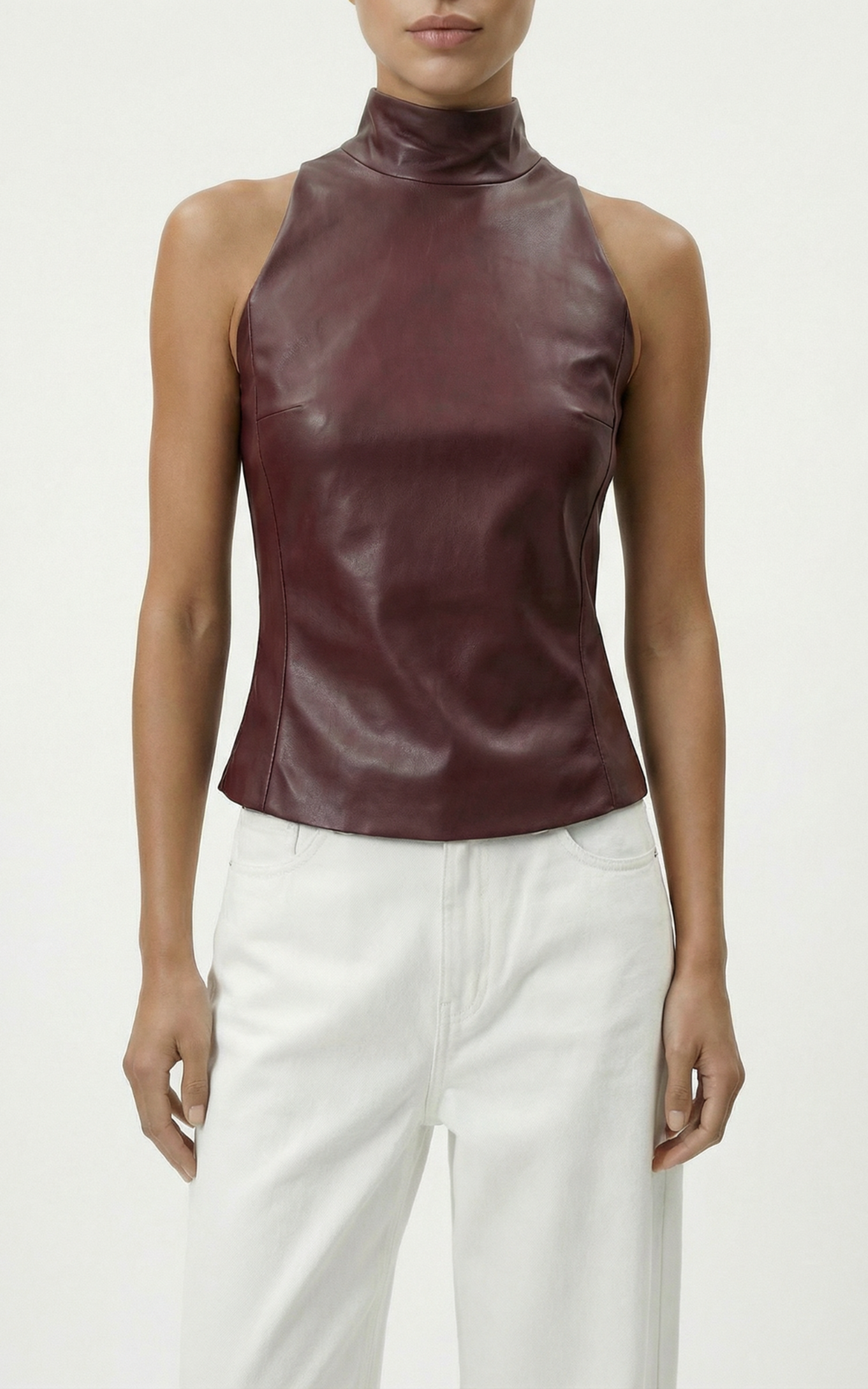 Faux Leather Top with Stand-up Collar