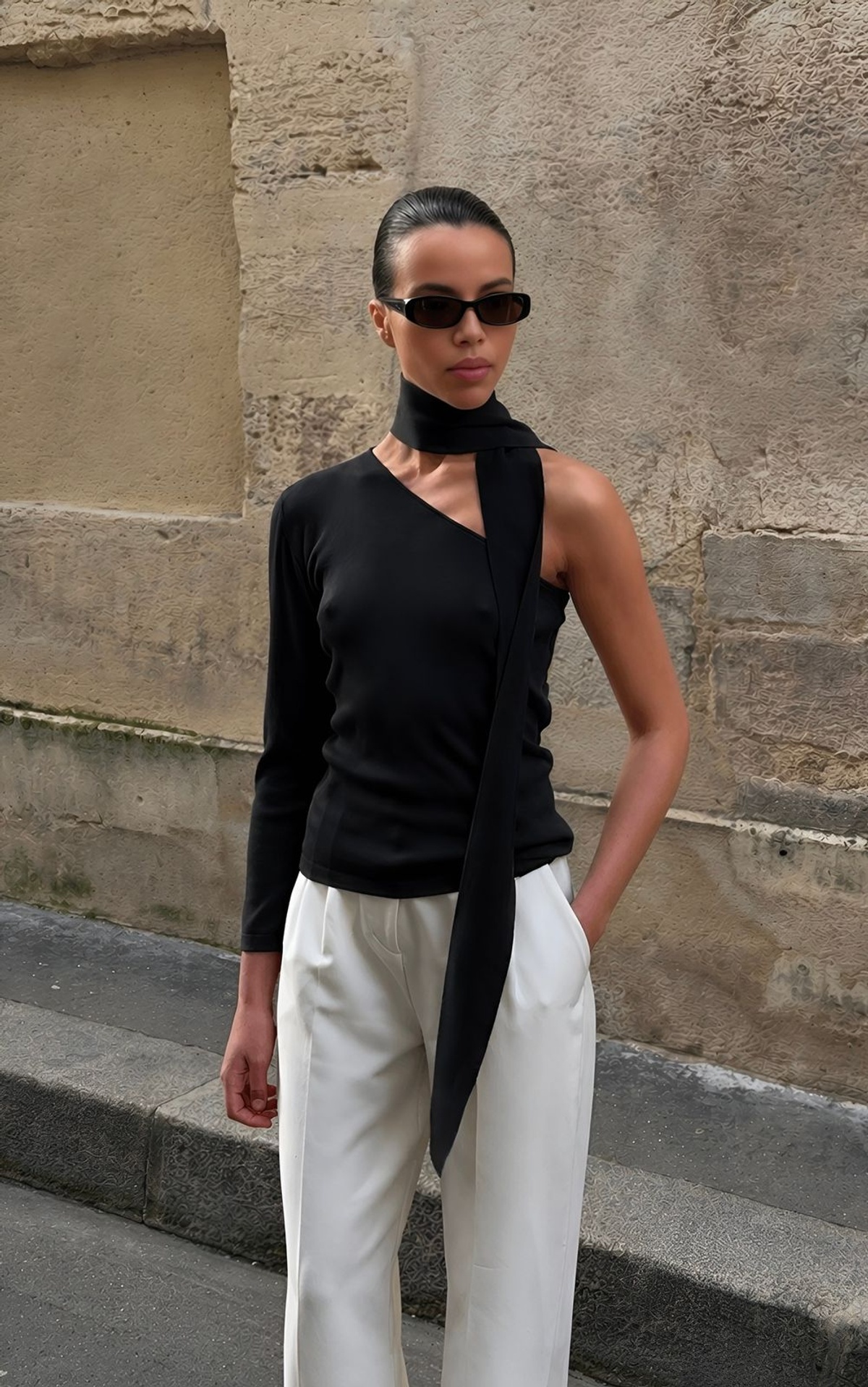 One-Shoulder Viscose Longsleeve with Detachable Scarf