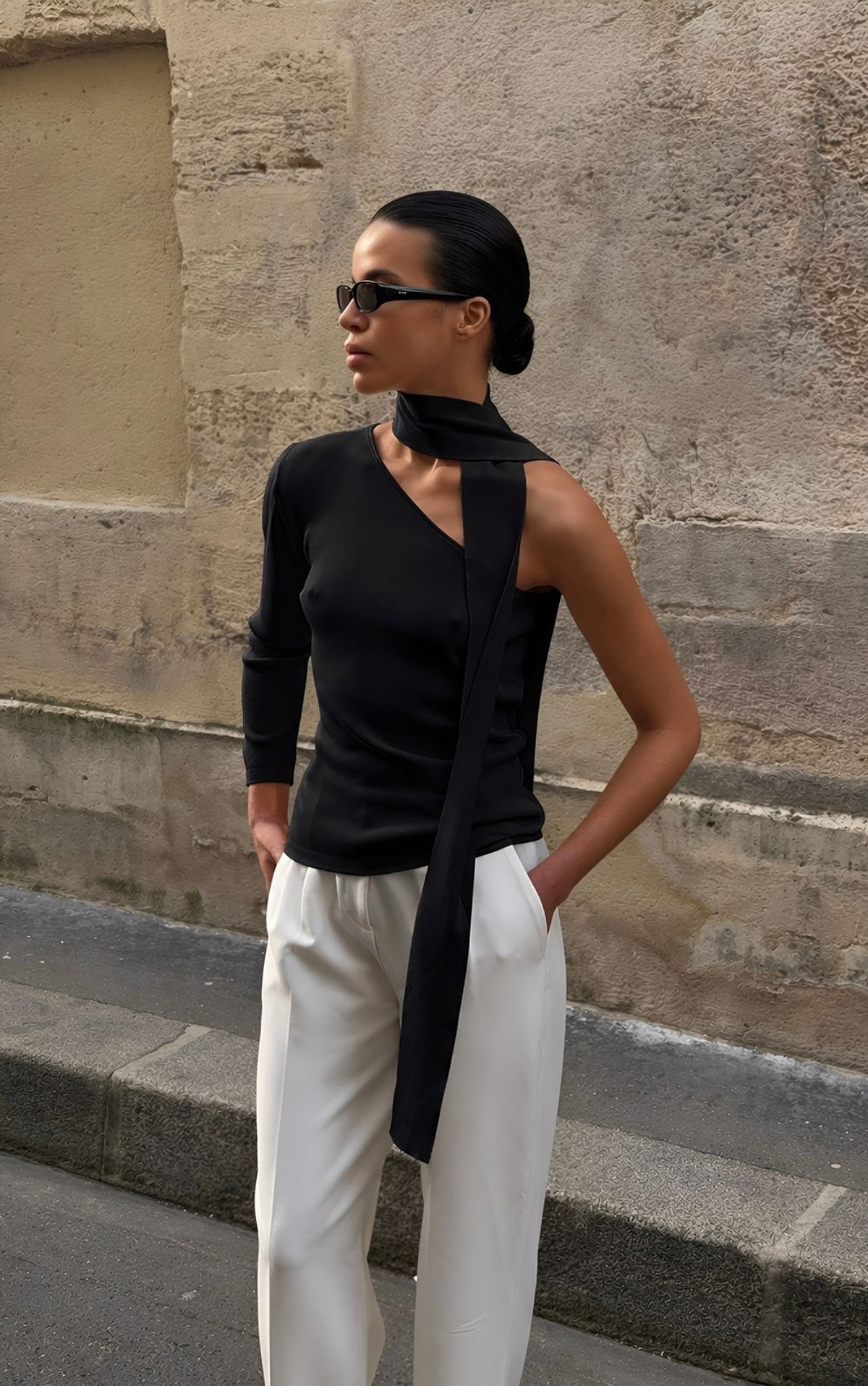 One-Shoulder Viscose Longsleeve with Detachable Scarf
