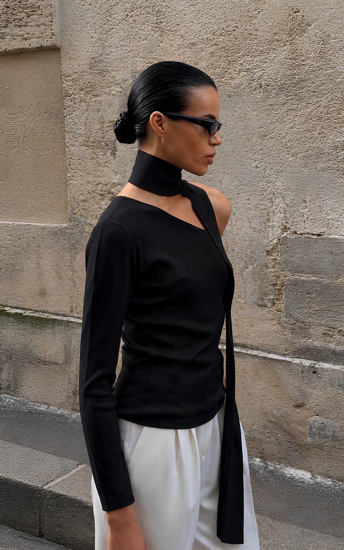 One-Shoulder Viscose Longsleeve with Detachable Scarf