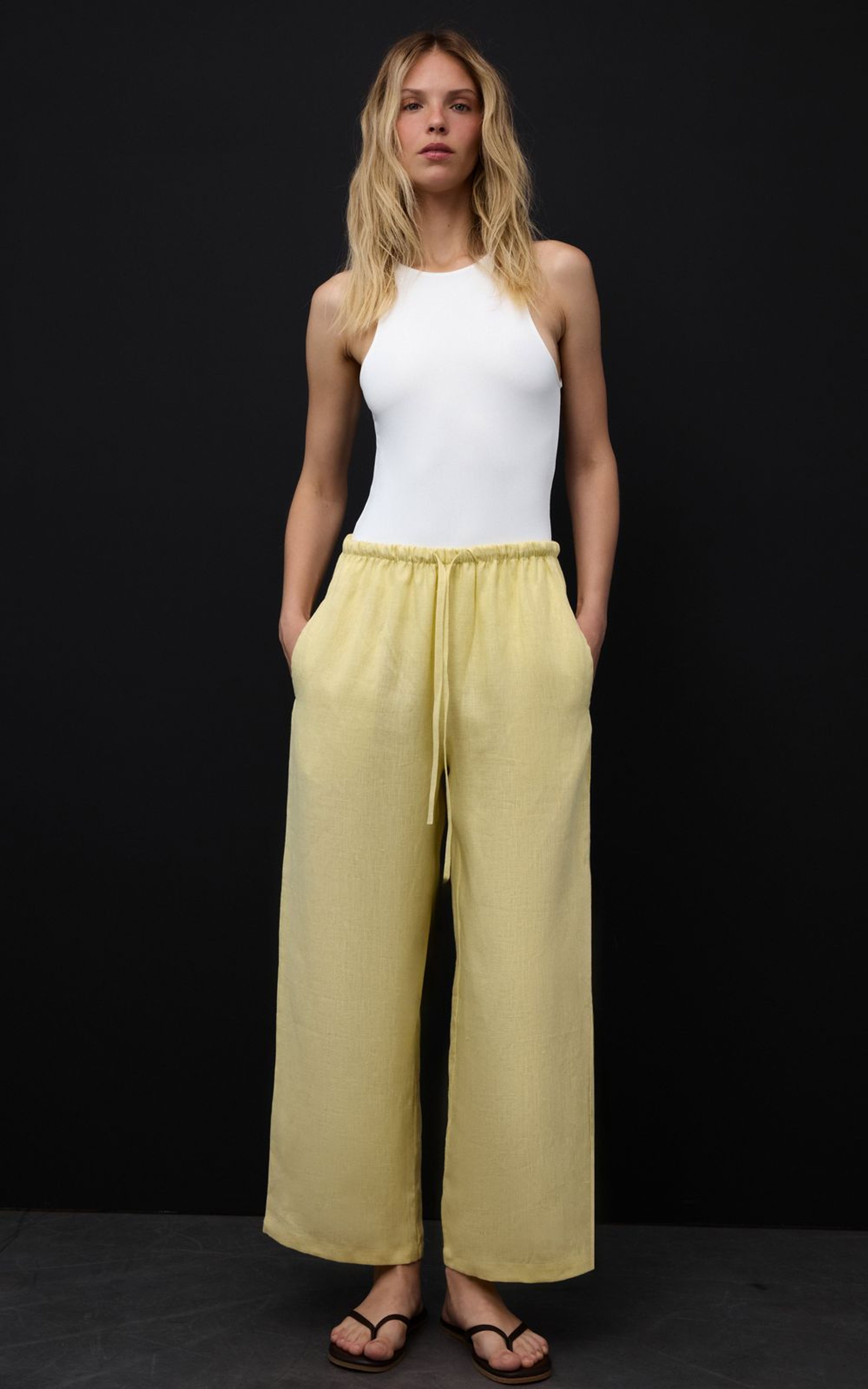 Lniane Spodnie z Gumką w Pasie